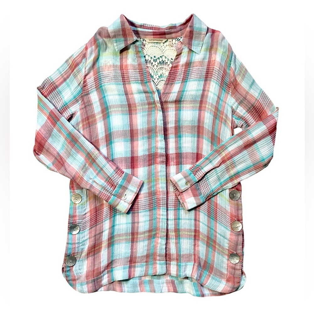 Soft Surroundings Plaid Button Front Crochet Back Top Size M